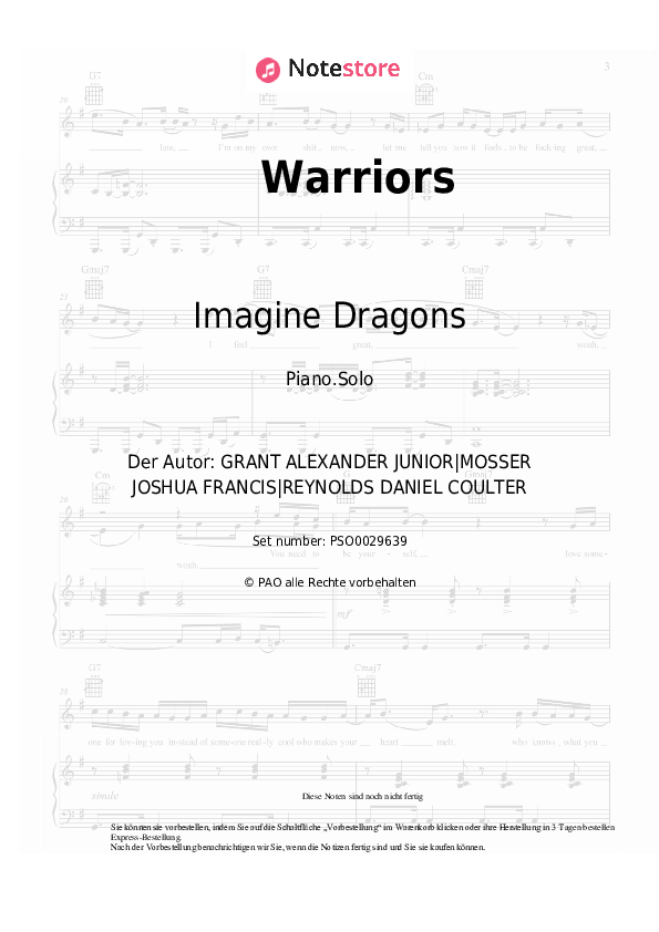 Noten Imagine Dragons - Warriors - Klavier.Solo