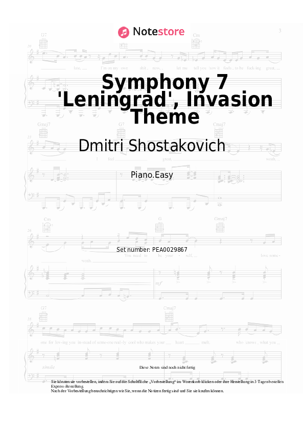 Einfache Noten Dmitri Shostakovich - Symphony 7 'Leningrad', Invasion Theme - Klavier.Easy