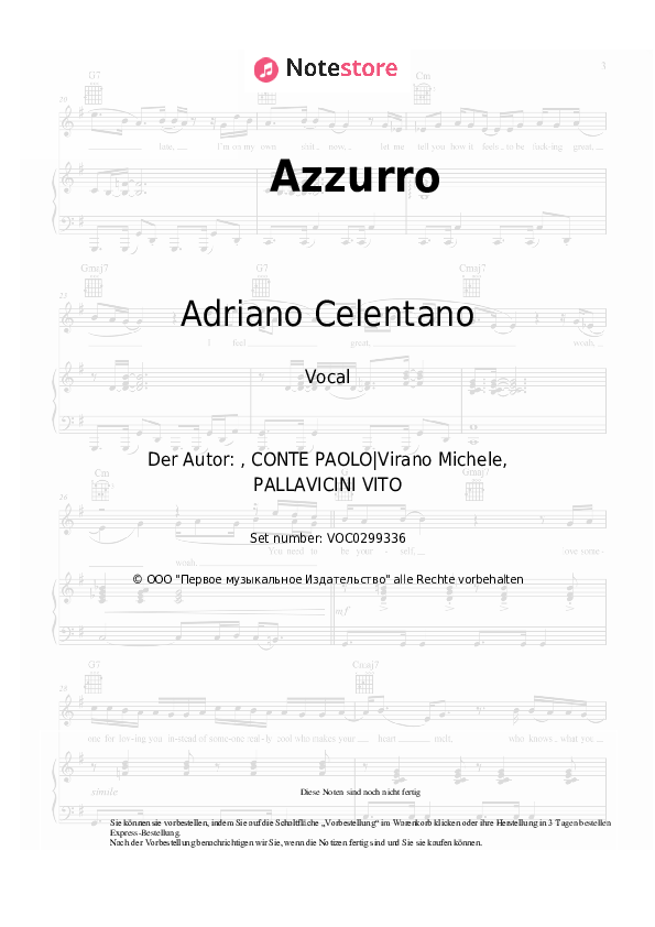 Noten Adriano Celentano - Azzurro - Gesang