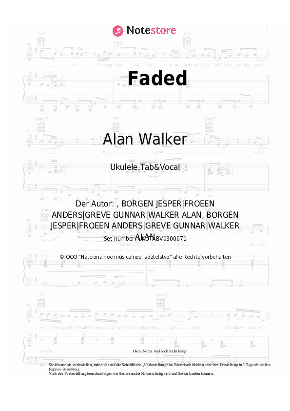 Noten Alan Walker - Faded - Ukulele.Tabs&Gesang