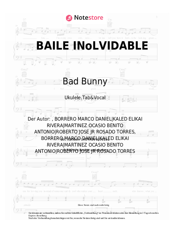 Noten Bad Bunny - BAILE INoLVIDABLE - Ukulele.Tabs&Gesang
