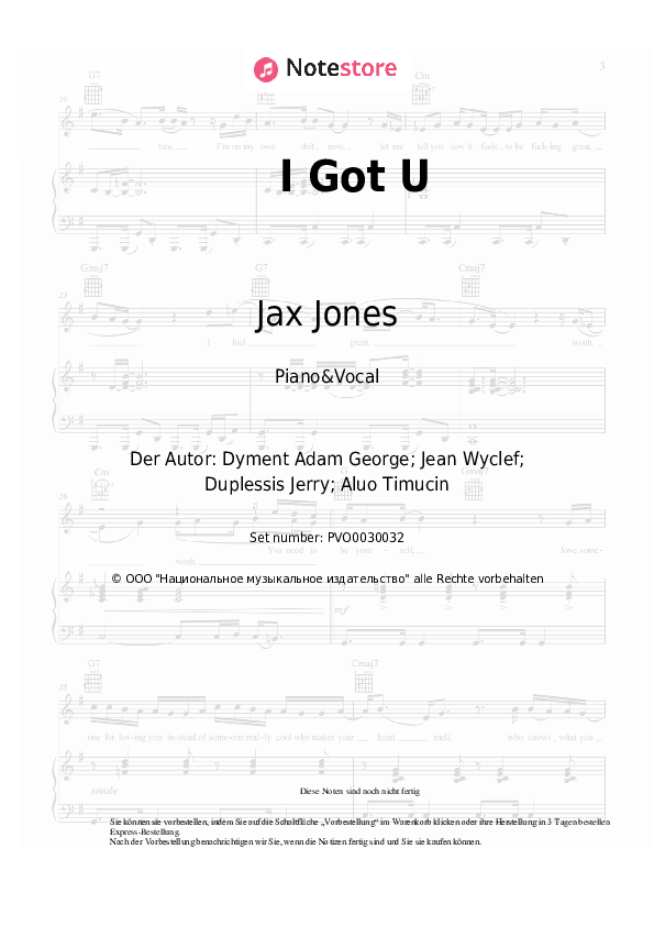 Noten mit Gesang Duke Dumont, Jax Jones - I Got U - Klavier&Gesang
