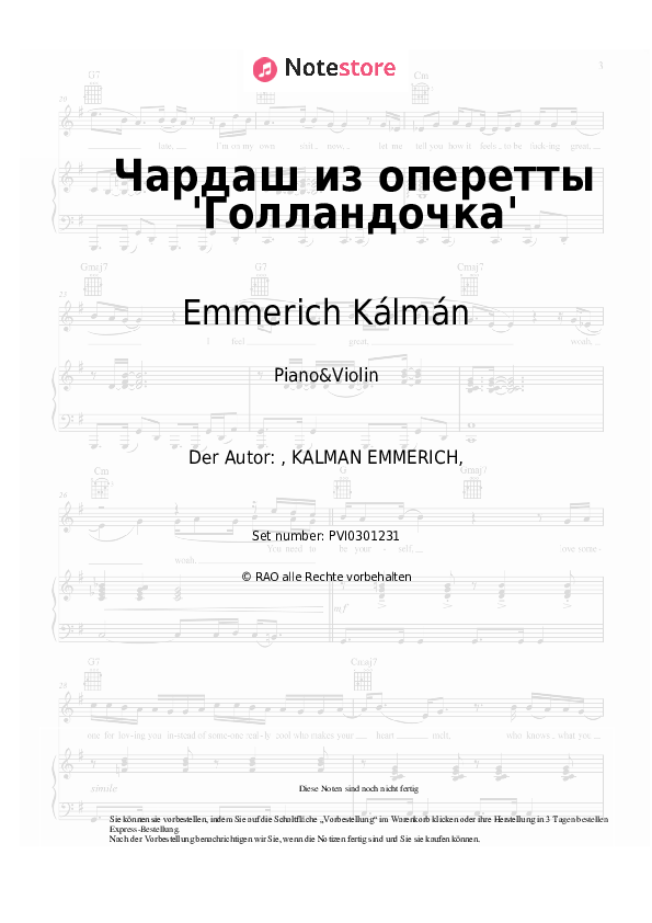 Noten Emmerich Kálmán, Tatyana Shmyga - Чардаш из оперетты 'Голландочка' - Klavier&Geige