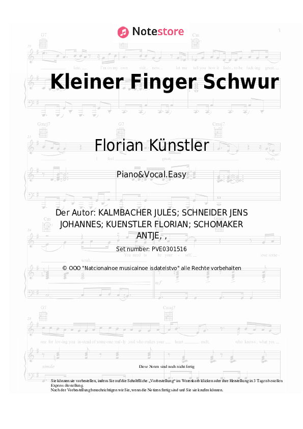 Einfache Noten Florian Künstler - Kleiner Finger Schwur - Klavier&Gesang.Einfach