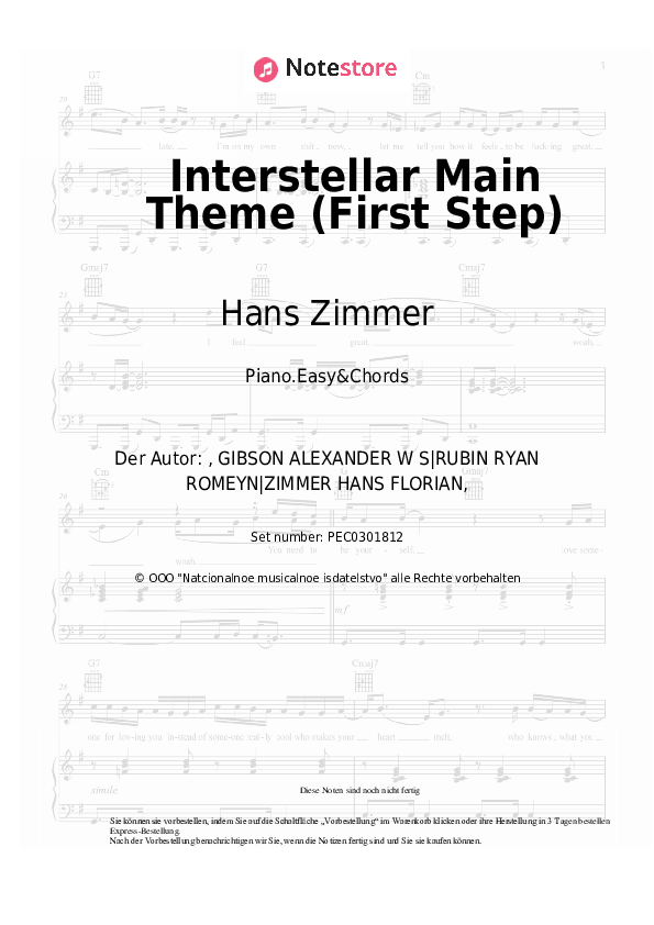 Einfache Noten und Akkorde Hans Zimmer - Interstellar Main Theme (First Step) - Klavier.Einfach&Akkorde