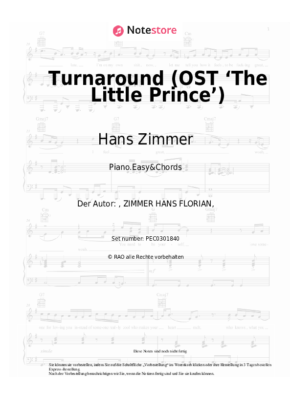 Einfache Noten und Akkorde Hans Zimmer, Camille - Turnaround (OST ‘The Little Prince’) - Klavier.Einfach&Akkorde