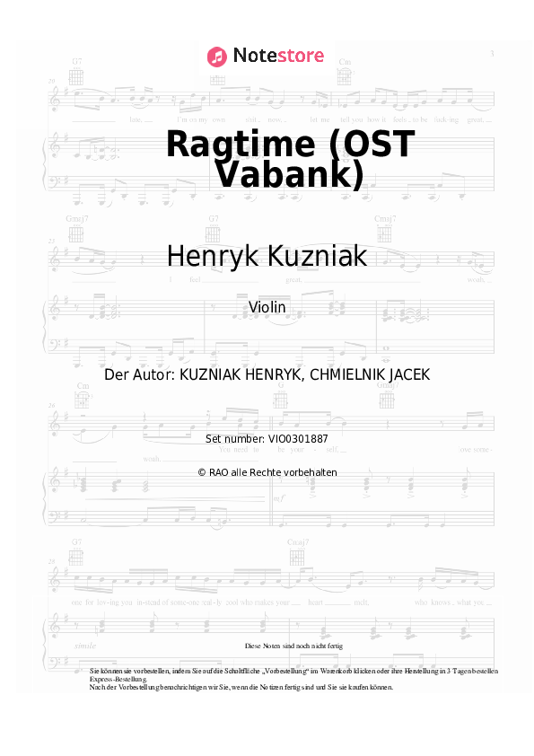 Noten Henryk Kuzniak - Ragtime (OST Vabank) - Violine