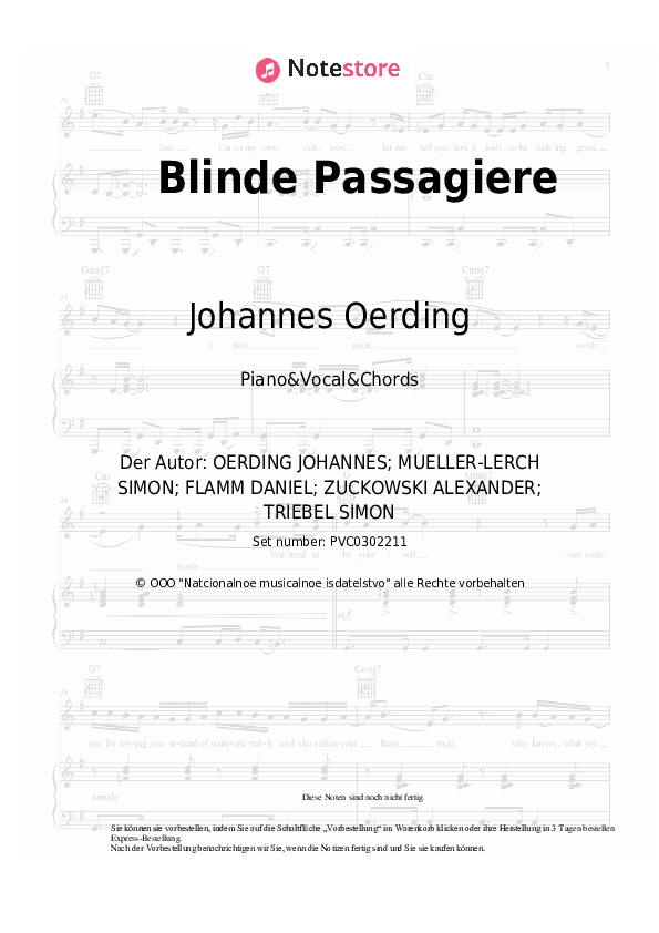 Noten und Akkorde Johannes Oerding - Blinde Passagiere - Klavier&Gesang&Akkorde