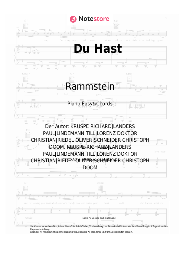 Einfache Noten und Akkorde Rammstein - Du Hast - Klavier.Einfach&Akkorde