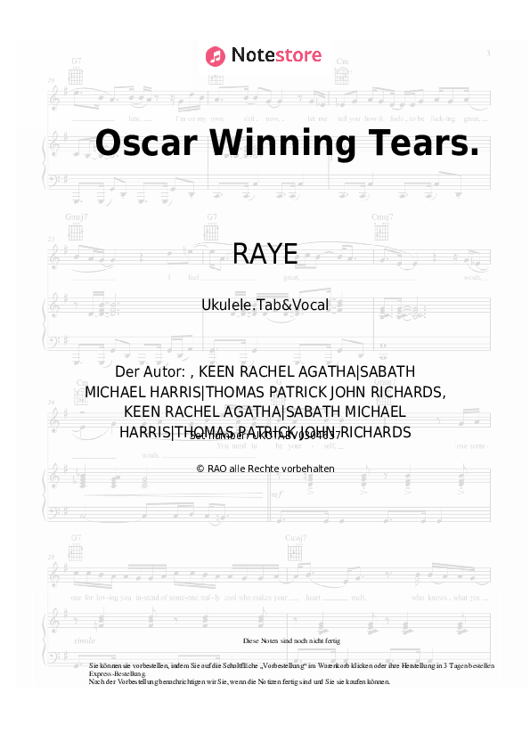 Noten RAYE - Oscar Winning Tears. - Ukulele.Tabs&Gesang