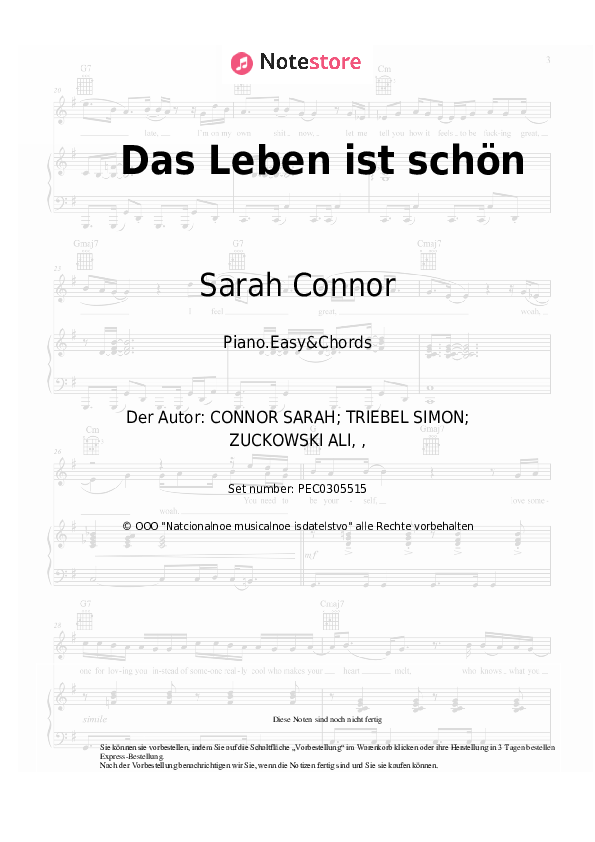 Einfache Noten und Akkorde Sarah Connor - Das Leben ist schön - Klavier.Einfach&Akkorde