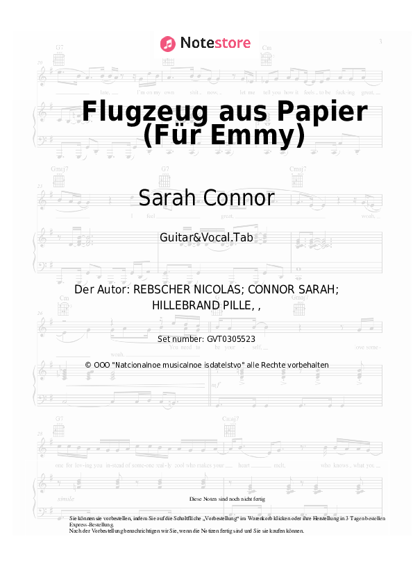 Akkorde und Gesang Sarah Connor - Flugzeug aus Papier (Für Emmy) - Gitarre&Gesang.Tabs