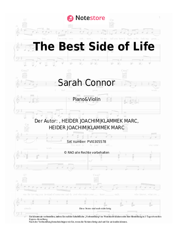 Noten Sarah Connor - The Best Side of Life - Klavier&Geige