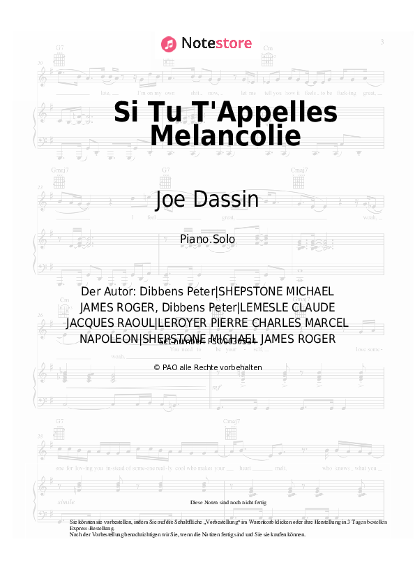 Noten Joe Dassin - Si Tu T'Appelles Melancolie - Klavier.Solo