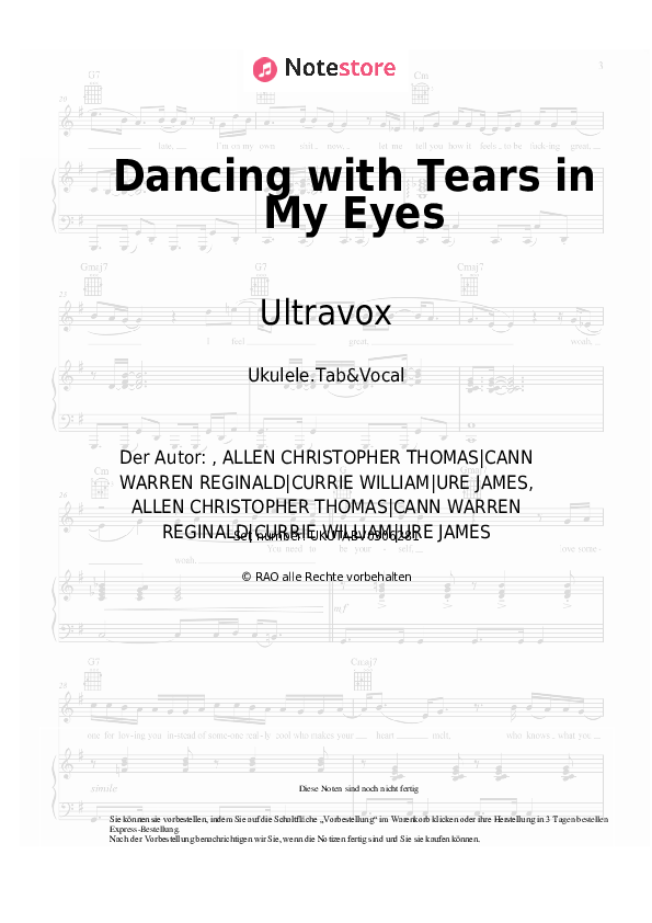 Noten Ultravox - Dancing with Tears in My Eyes - Ukulele.Tabs&Gesang