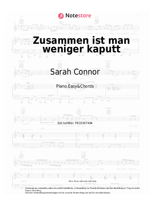 Einfache Noten und Akkorde Sarah Connor - Zusammen ist man weniger kaputt - Klavier.Einfach&Akkorde