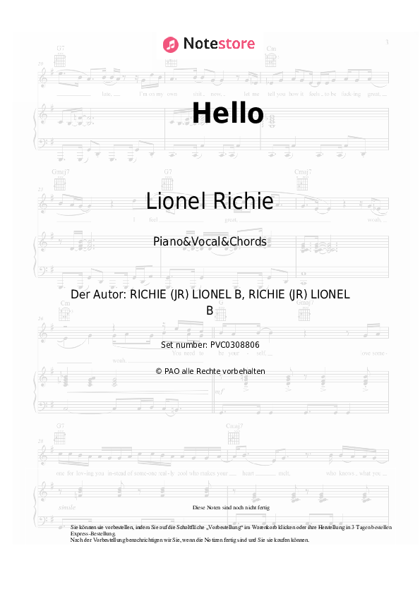 Noten und Akkorde Lionel Richie - Hello - Klavier&Gesang&Akkorde