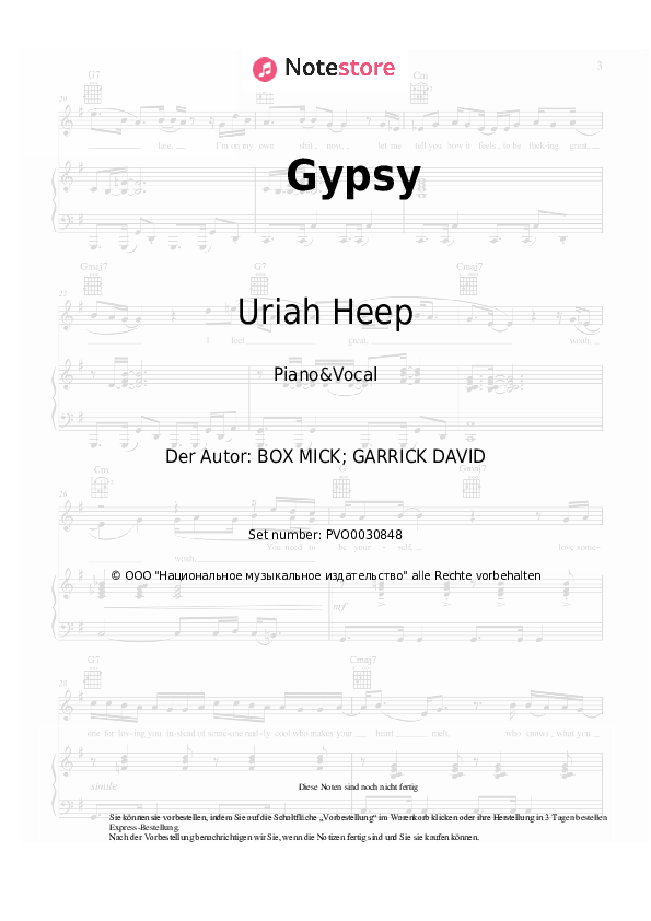 Noten mit Gesang Uriah Heep - Gypsy - Klavier&Gesang