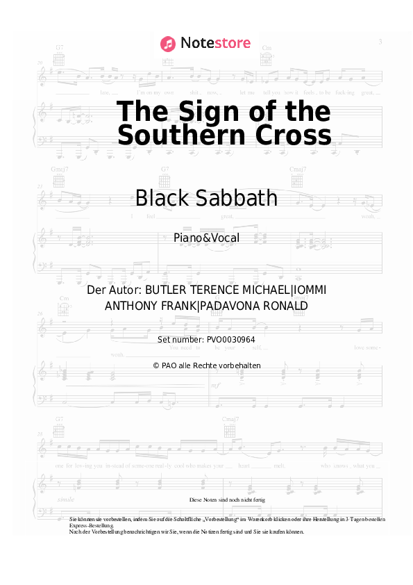 Noten mit Gesang Black Sabbath - The Sign of the Southern Cross - Klavier&Gesang