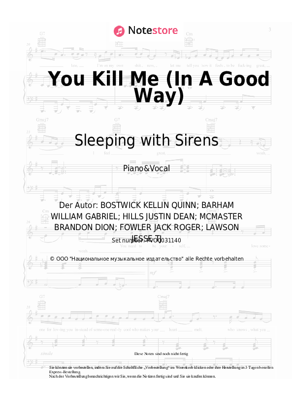 Noten mit Gesang Sleeping with Sirens - You Kill Me (In A Good Way) - Klavier&Gesang