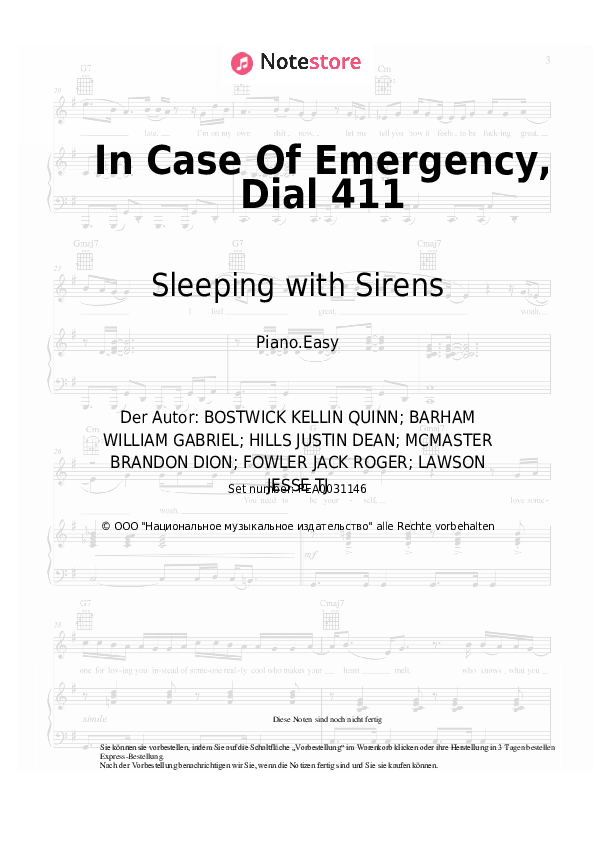 Einfache Noten Sleeping with Sirens - In Case Of Emergency, Dial 411 - Klavier.Easy