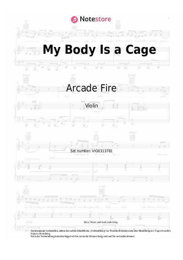 Noten Arcade Fire - My Body Is a Cage - Violine