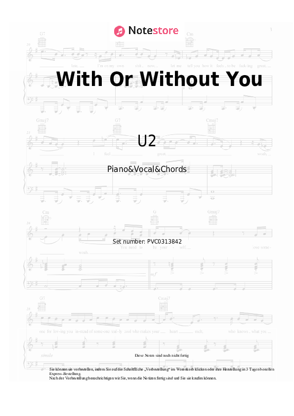 Noten und Akkorde U2 - With Or Without You - Klavier&Gesang&Akkorde