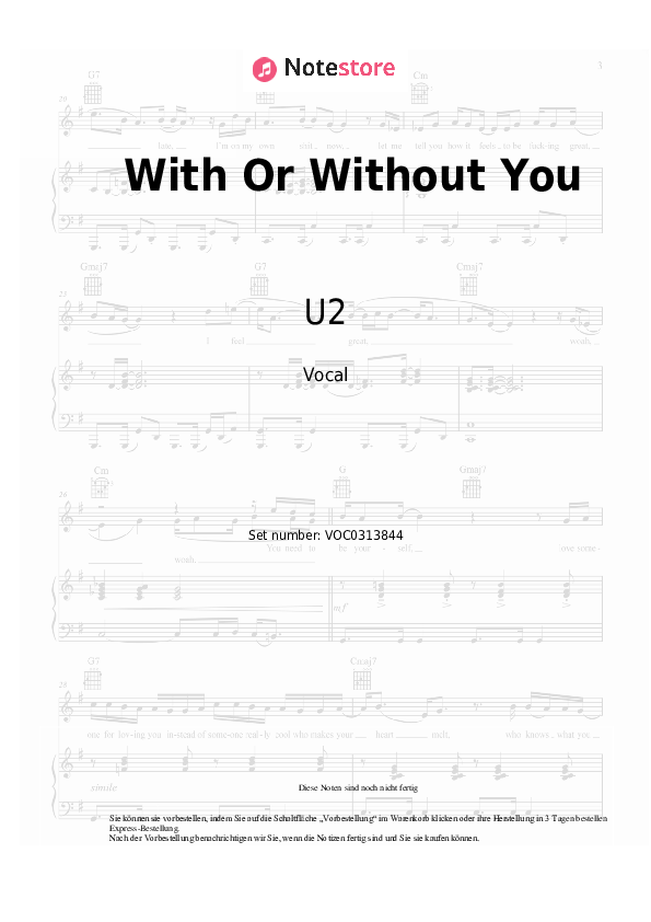 Noten U2 - With Or Without You - Gesang