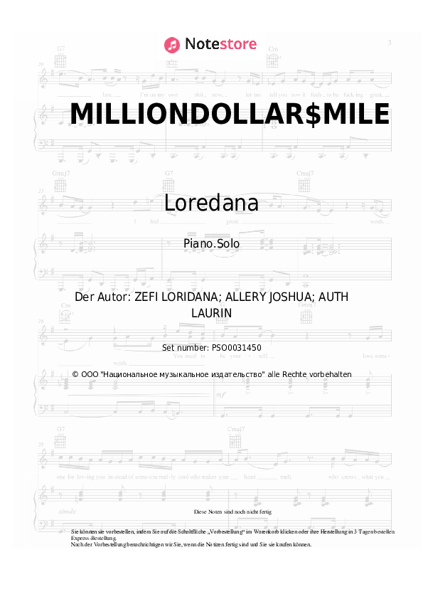 Noten Loredana - MILLIONDOLLAR$MILE - Klavier.Solo