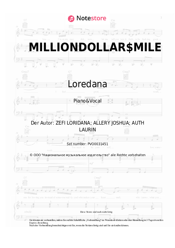 Noten mit Gesang Loredana - MILLIONDOLLAR$MILE - Klavier&Gesang