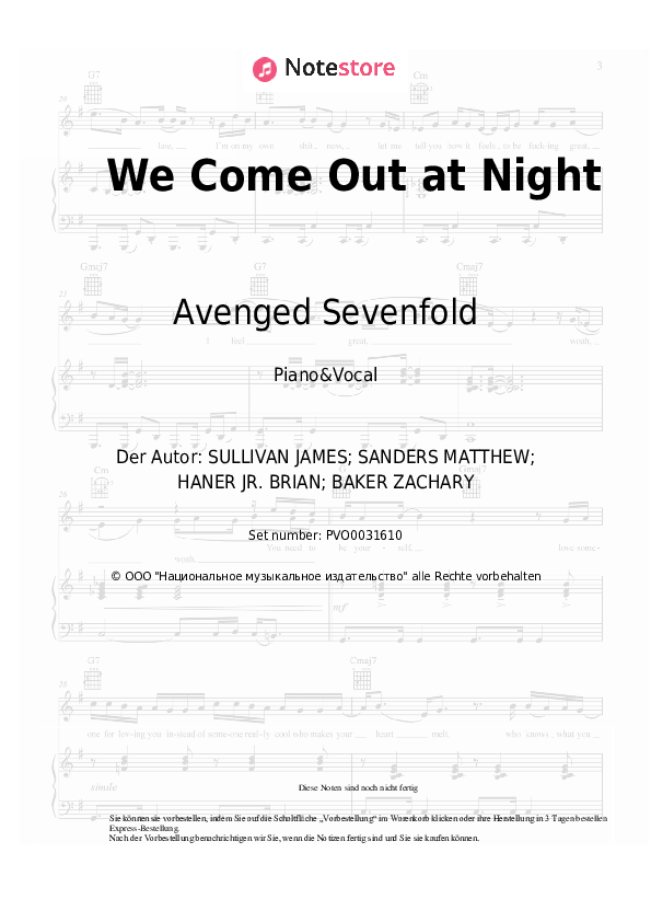 Noten mit Gesang Avenged Sevenfold - We Come Out at Night - Klavier&Gesang