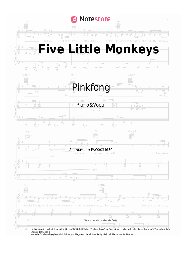 Noten mit Gesang Pinkfong - Five Little Monkeys - Klavier&Gesang