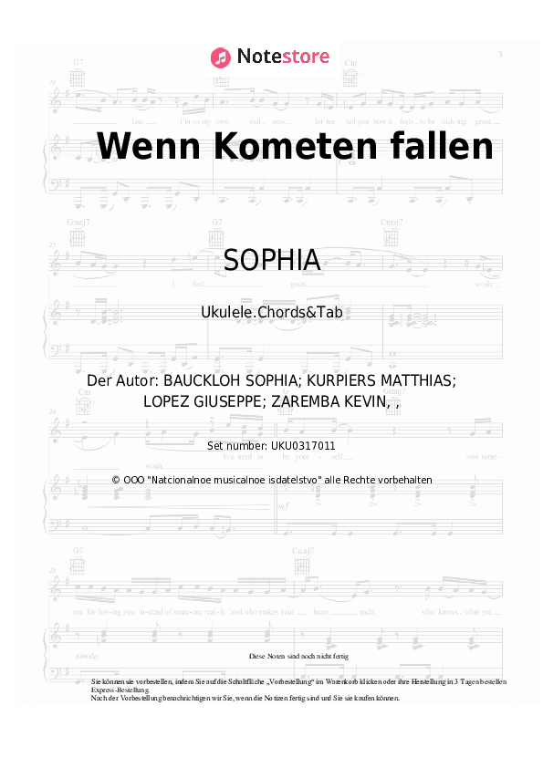 Noten SOPHIA - Wenn Kometen fallen - Ukulele.Akkorde&Tabs