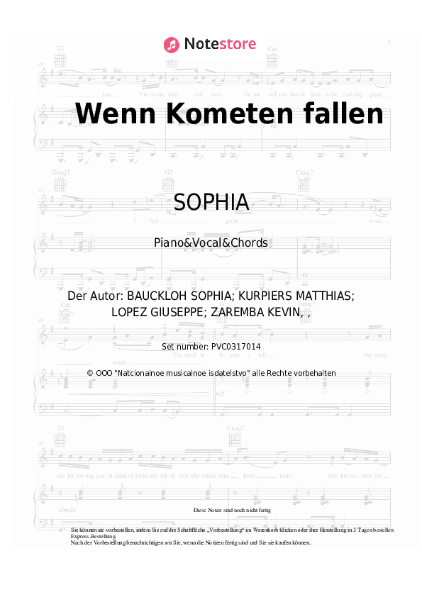 Noten und Akkorde SOPHIA - Wenn Kometen fallen - Klavier&Gesang&Akkorde