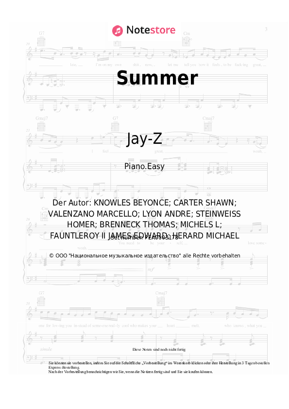 Einfache Noten Beyonce, Jay-Z - Summer - Klavier.Easy