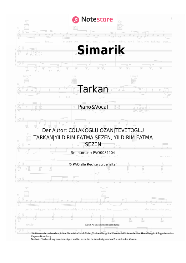 Noten mit Gesang Tarkan - Simarik - Klavier&Gesang