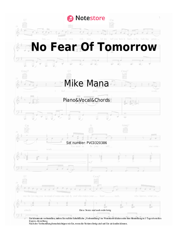 Noten und Akkorde Mike Mana - No Fear Of Tomorrow - Klavier&Gesang&Akkorde
