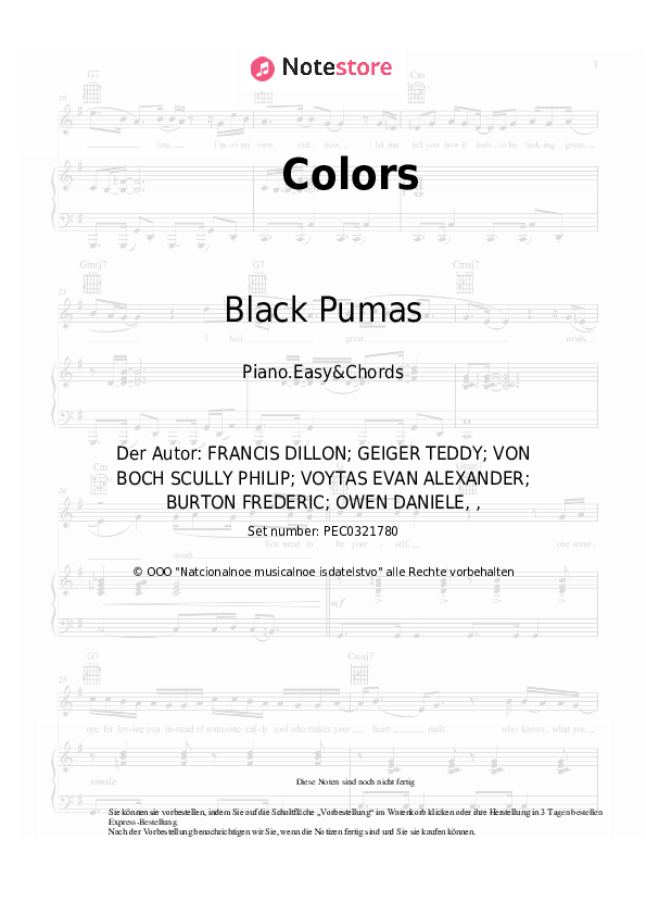 Einfache Noten und Akkorde Black Pumas - Colors - Klavier.Einfach&Akkorde