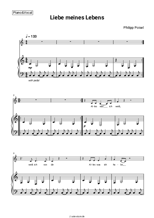 Noten mit Gesang Philipp Poisel - Liebe meines Lebens - Klavier&Gesang