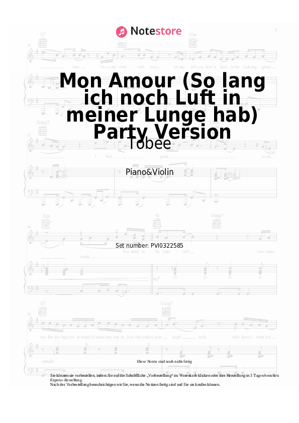 Noten Tobee - Mon Amour (So lang ich noch Luft in meiner Lunge hab) Party Version - Klavier&Geige