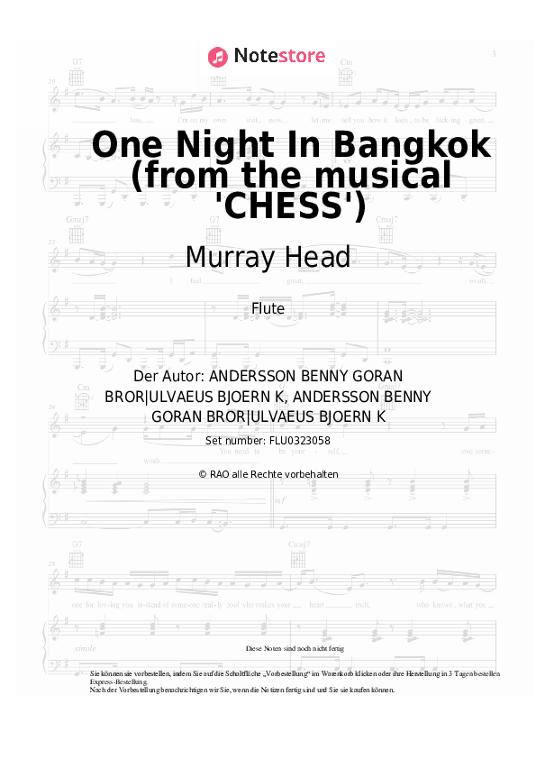 Noten Murray Head - One Night In Bangkok (from the musical 'CHESS') - Flöte