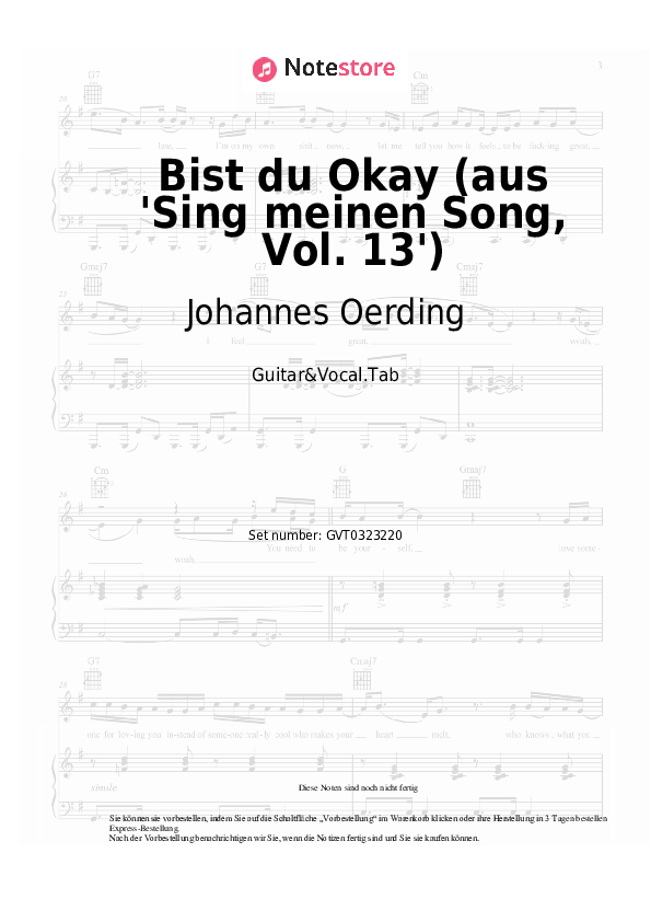 Akkorde und Gesang Johannes Oerding - Bist du Okay (aus 'Sing meinen Song, Vol. 13') - Gitarre&Gesang.Tabs