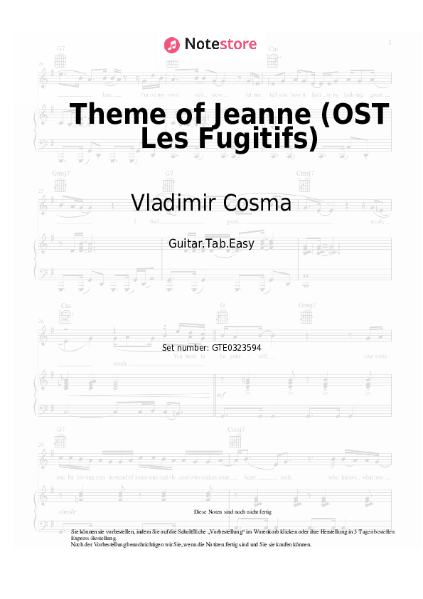 Einfache Tabs Vladimir Cosma - Theme of Jeanne (OST Les Fugitifs) - Gitarre.Tabs.Einfach