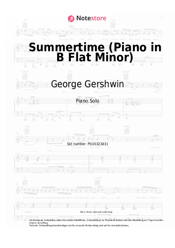 Noten George Gershwin - Summertime (Piano in B Flat Minor) - Klavier.Solo