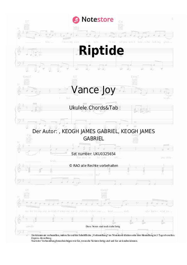 Noten Vance Joy - Riptide - Ukulele.Akkorde&Tabs