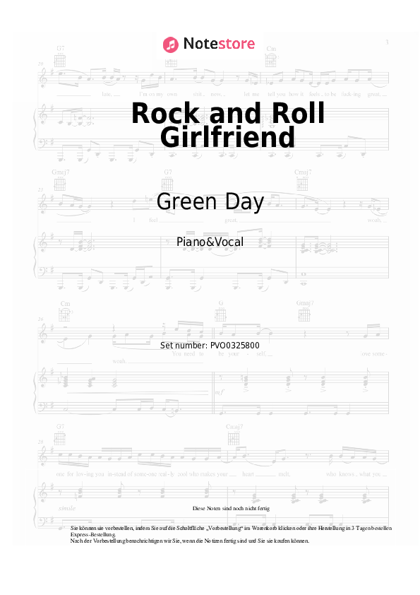 Noten mit Gesang Green Day - Rock and Roll Girlfriend - Klavier&Gesang