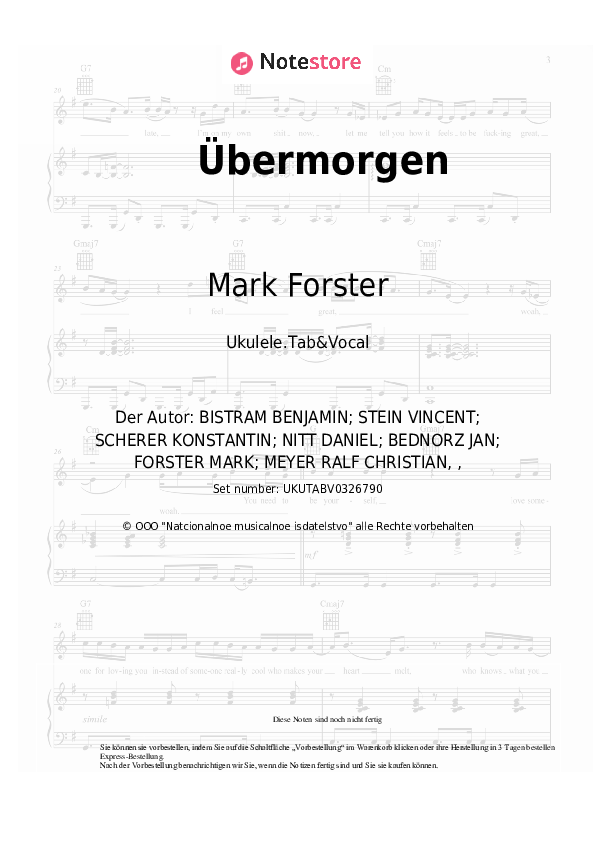 Noten Mark Forster - Übermorgen - Ukulele.Tabs&Gesang