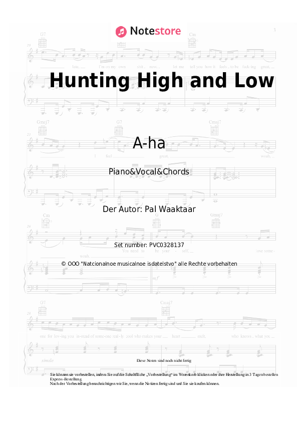 Noten und Akkorde A-ha - Hunting High and Low - Klavier&Gesang&Akkorde