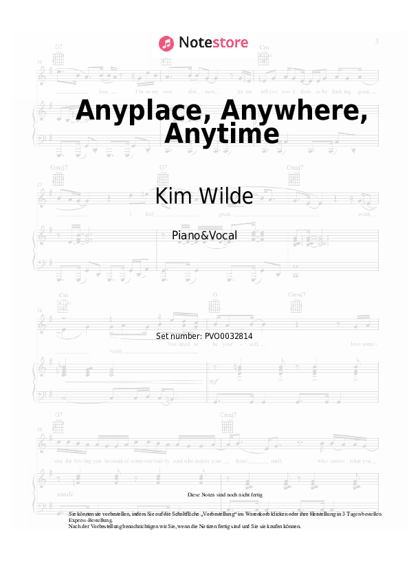 Noten mit Gesang Nena, Kim Wilde - Anyplace, Anywhere, Anytime - Klavier&Gesang