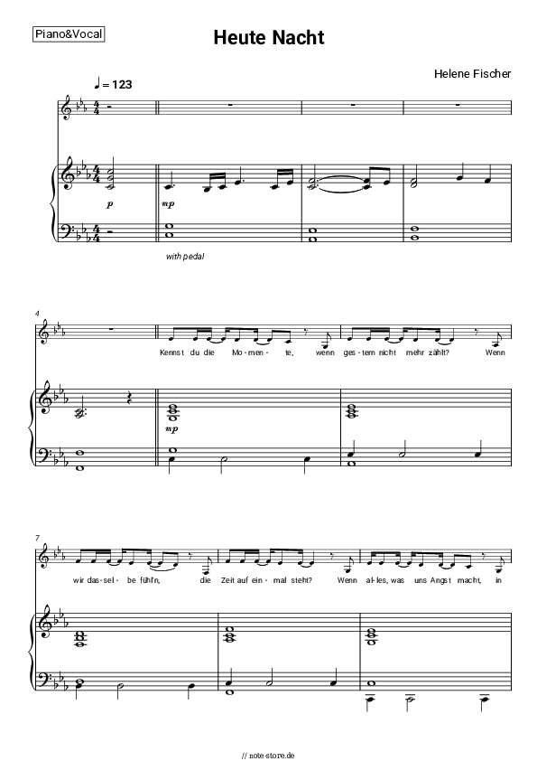 Noten mit Gesang Helene Fischer - Heute Nacht - Klavier&Gesang